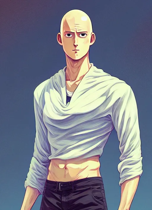 Image similar to handsome saitama, half body shot, path traced, cape, highly detailed, high quality, digital painting, alena aenami, lilia alvarado, shinji aramaki, karol bak, alphonse mucha, tom bagshaw