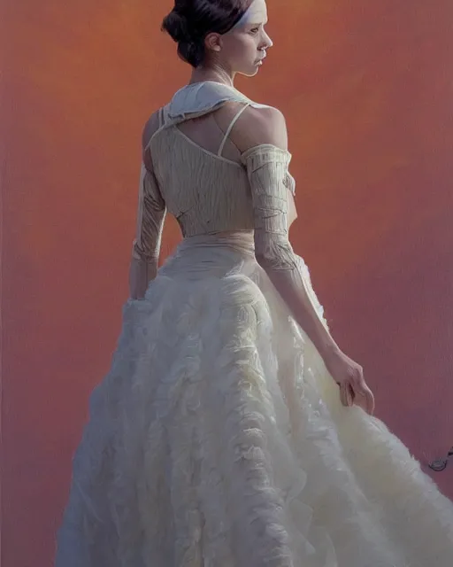 Prompt: a painting of a girl resembling alicia vikander or millie bobby brown in a wedding dress, highly detailed, intricate, artstation, concept art, by donato giancola