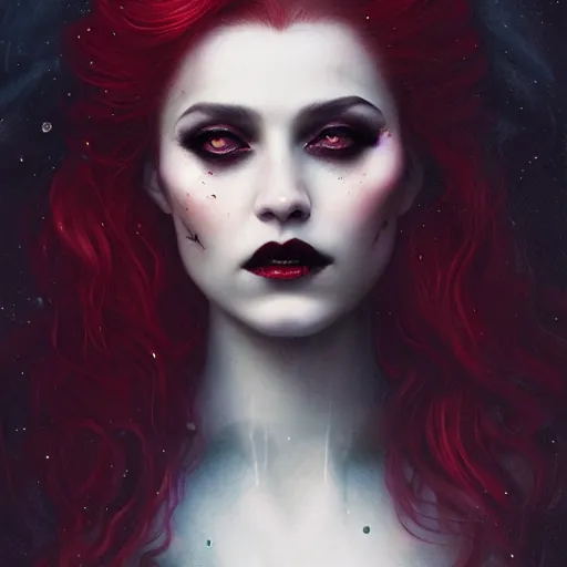 Prompt: Portrait of a Riveting vampire woman!, atmospheric-lighting, gothic makeup, intricate, Transylvanian castle, volumetric lighting, beautiful, starlit sky, sharp focus, ultra-detailed, by Tom Bagshaw Leesha Hannigan, Ross Tran, Thierry Doizon, Kai Carpenter, Ignacio Fernández Ríos