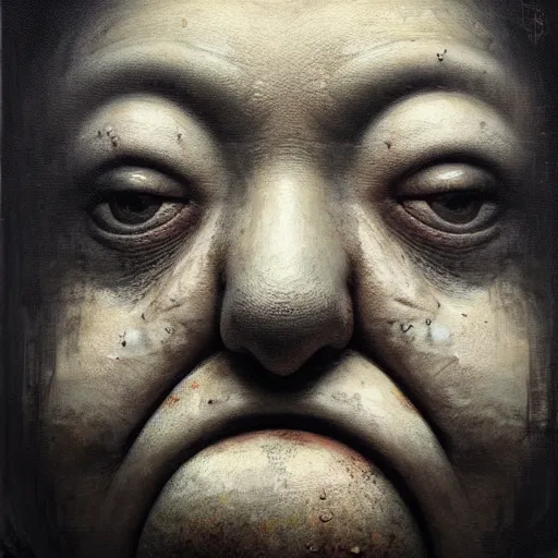 Image similar to portrait of the face of big fat old sumoringer as despair from sandman, venus of willendorf, by jeremy mann, by gregory crewdson, by bastien lecouffe deharme, by russ mills, sad face, topknot, black hair, mourning, black eyes, white room, soft lightning, high detailed, 8 k