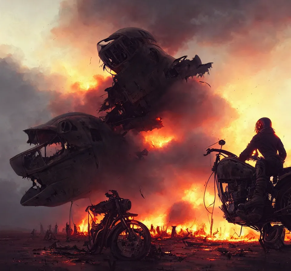 Image similar to a ultradetailed beautiful panting of post apocalyptic biker with helmet in front of crashed airplane burning, by ilya kuvshinov, greg rutkowski and makoto shinkai, trending on artstation