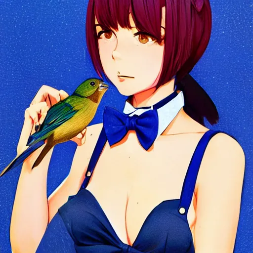 Image similar to colored pencil, anime art, beautiful full body female pinup girl, she is holding an indigo bunting bird, in her hand, the bird is wearing a bowtie, wlop, rossdraws sakimimichan, ilya kuvshinov, krenz cushart, greg rutkowski