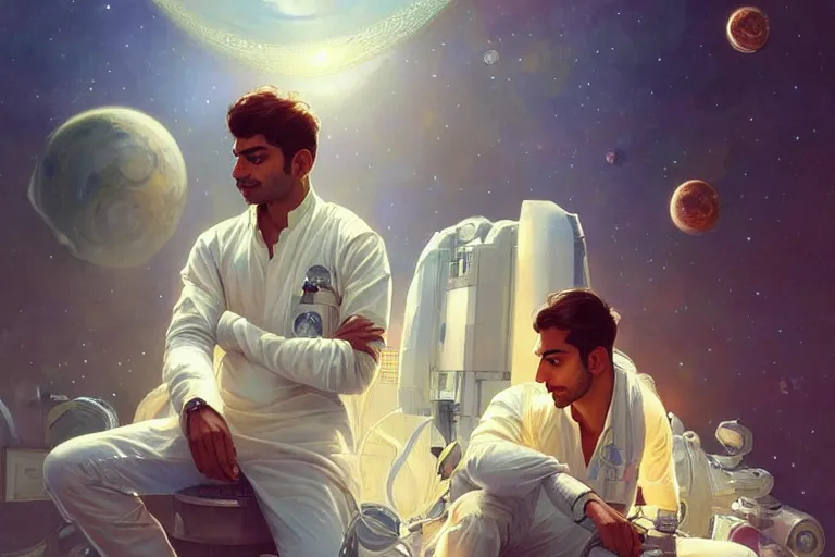 Image similar to Pensive good looking pale young Indian doctors wearing jeans in a space station above Earth, portrait, elegant, intricate, digital painting, artstation, concept art, smooth, sharp focus, illustration, art by artgerm and greg rutkowski and alphonse mucha