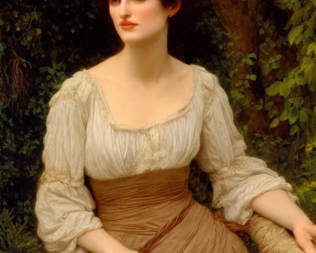 Image similar to portrait en buste of winona ryder kiera knightley in repose by Hughes Merle, by Pierre Auguste Cot, perfect detailed eyes, realistic fabric, abundant detail, winona ryder