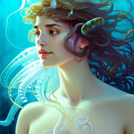 Image similar to Portrait of a girl underwater surrounded by jellyfish, face, fantasy, intricate, elegant, highly detailed, digital painting, artstation, concept art, smooth, sharp focus, illustration, art by Fernanda Suarez and Artem Demura and alphonse mucha