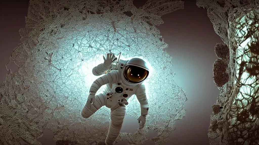 Image similar to a astronaut eva suit covered in diamond 3d fractal lace iridescent bubble 3d skin and covered with insectoid compound eye camera lenses floats through the living room, film still from the movie directed by Denis Villeneuve with art direction by Salvador Dalí, wide lens,