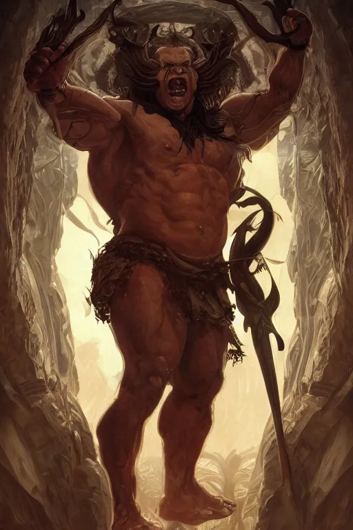 Image similar to portrait of auronplay as a hulking herculean demon, forest, godlike, full body, fantasy, intricate, elegant, highly detailed, digital painting, artstation, concept art, sharp focus, illustration, art by artgerm and greg rutkowski and alphonse mucha