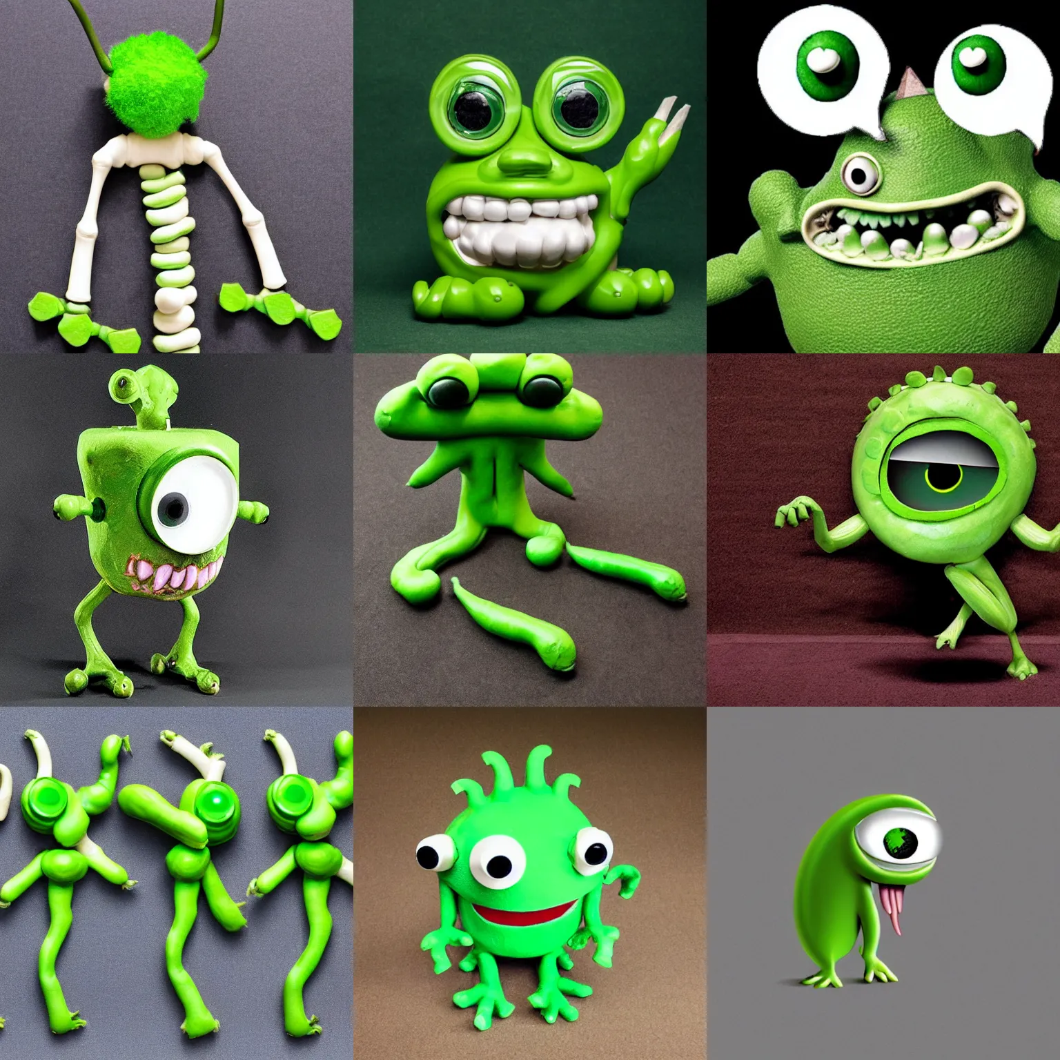Prompt: a cyclops green pea monster with bone arms