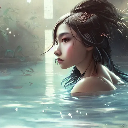 Prompt: a seductive look asia girl standing in a water pool, beautiful eyes, digital illustration, fantasy, art, amazing detail, in the style of greg rutkowski