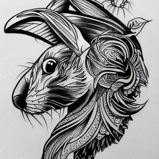 Prompt: a detailed tattoo outline of a !white rabbit!, 4k, illustration, sharp focus