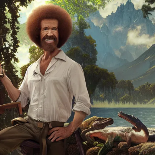 Prompt: an ultra detailed matte painting bob ross being friends with alligator loki, fantasy concept art by alphonse mucha and greg rutkowski, octane render, 8 k, detailed face