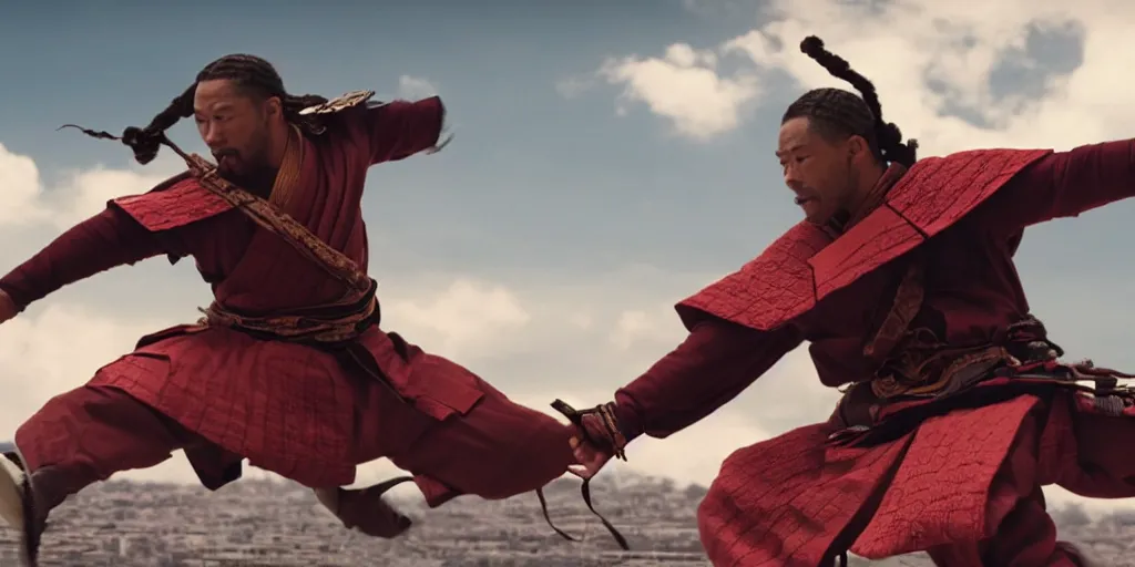 Image similar to a film still of a light skinned black man starring as an ancient samurai flying doing a flying kick, japanese blockbuster film, the sky is red, shallow depth of field, cinematic, award winning cgi, vfx, film still