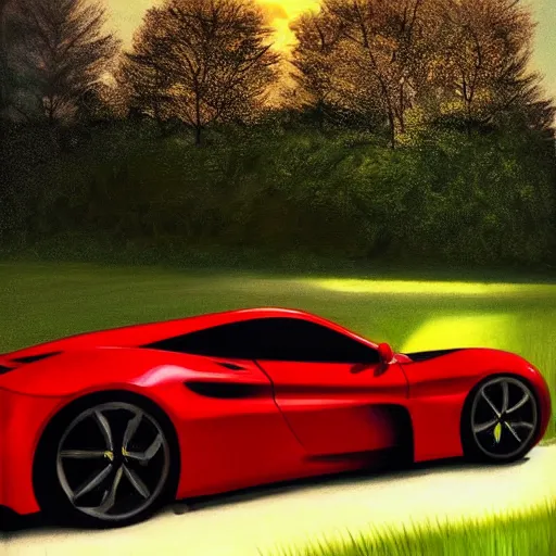 Prompt: fast sportscar reminiscent of ferrari and porsche in a lush field, shiny, red, beautiful lighting, photorealistic, sharp, sunset, by artgerm