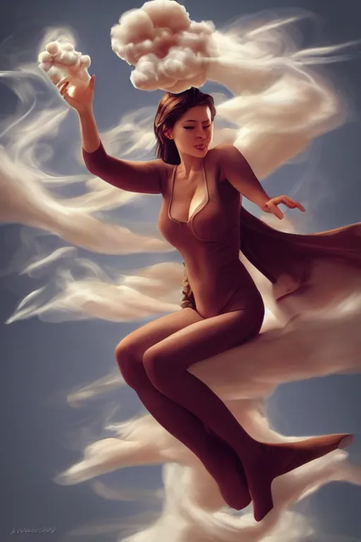 Image similar to a woman) floats in the air surrounded by a hand-shaped cloud of smoke by Artgerm