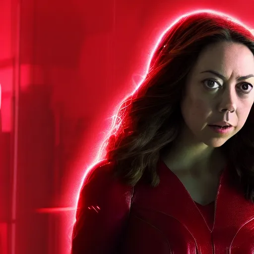 Prompt: aubrey plaza as the scarlet witch, hd 4k photo, cinematic lighting