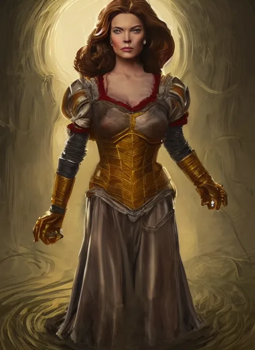 Image similar to beautiful female dorothy gale, rebecca romijn as dorothy, full body character concept, covered in full iron armor, armor plating, art nouveau, super powers, fantasy, intricate, elegant, highly detailed, digital painting, artstation, concept art, shining, sharp focus, illustration, art by stanley lau