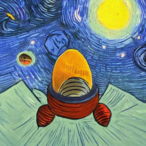 Image similar to painting of space ship in orbit around a planet, detailed, egg, colorful, shell, carapace, insect, bug, beatle, van gogh, hollow knight