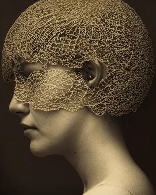 Image similar to a woman's face in profile, made of intricate delicate lace leaf, in the style of the dutch masters and gregory crewdson, dark and moody