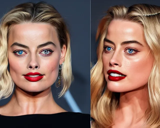 Image similar to margot robbie and amber heard mixed in one face, hyper realistic face, beautiful eyes, cinematic, long shot, hyper detailed, 8 5 mm photograph, 8 k resolution, film still, sharp lens, wide lens