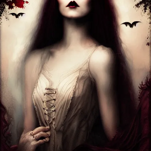 Prompt: Portrait of a Riveting vampire woman!, atmospheric-lighting, gothic makeup, intricate, Transylvanian castle, volumetric lighting, beautiful, starlit sky, sharp focus, ultra-detailed, by Tom Bagshaw Leesha Hannigan, Ross Tran, Thierry Doizon, Kai Carpenter, Ignacio Fernández Ríos