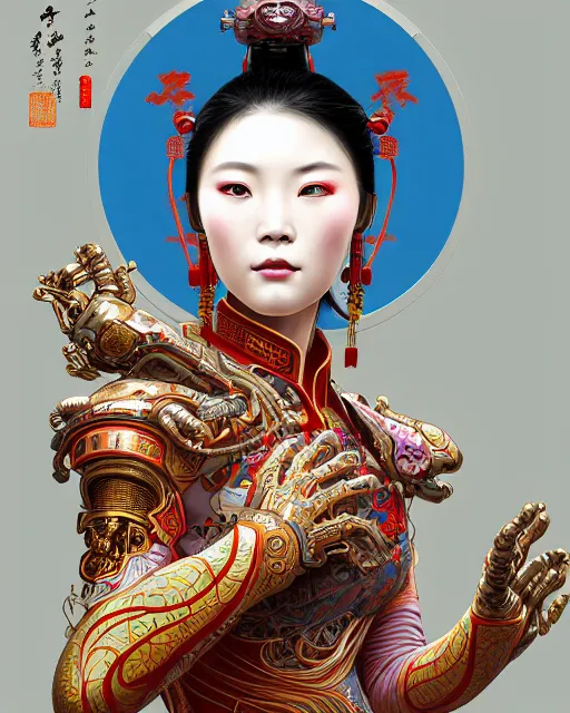 Image similar to portrait of a chinese cyberpunk machine, machine face, arms, upper half portrait, decorated with chinese opera motifs, regal, asian, fine china, wuxia, traditional chinese art intricate intense elegant 京 剧 highly detailed digital painting artstation concept art smooth sharp focus illustration, art by artgerm and greg rutkowski alphonse mucha 8 k