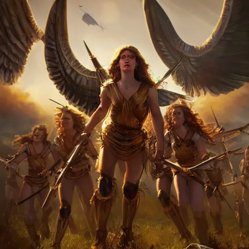 Prompt: the goddesses fraya going to war with her army of valkyries, golden hour, 8 k uhd, oil painting, high detail.