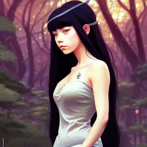 Image similar to a beautiful girl with long black hair, royal garden background, sharp focus, intricate, digital painting, artstation, highly detailed, ambient lighting, by Studio Ghibli, artgerm, Ilya Kuvshinov, and Greg Rutkowski