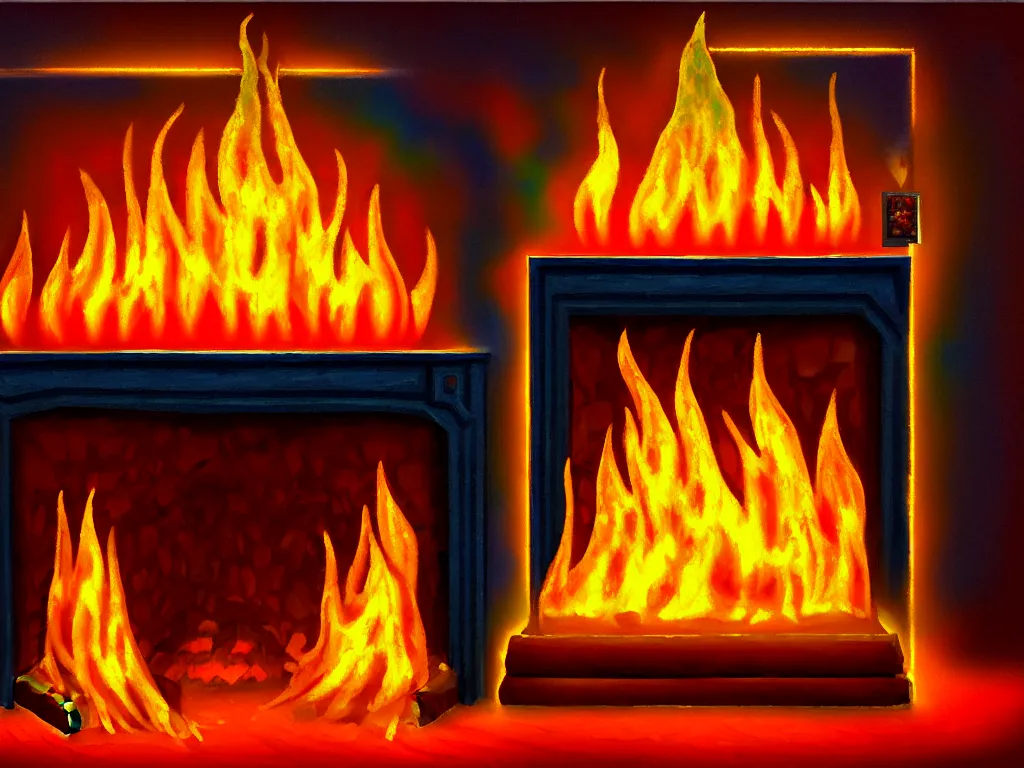 Prompt: oil painting of a fireplace with an ice sculpture inside it, dancing flames, and pictures hanging on the wall next to it, varied levels of attention, medium saturation high contrast absurd comical, minimal shading, hard outlines, light and medium values