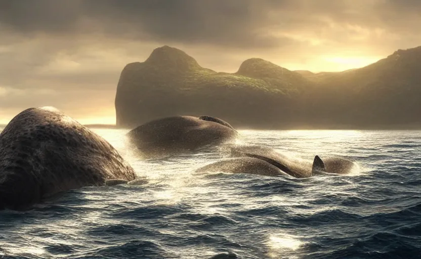 Image similar to whales breaching, directed by charlie kaufman ( 2 0 0 1 ) anamorphic lenses, a rocky shore in the foreground, foggy volumetric light morning, a beam of light from the heavens, cinematic trending on artstation in the style of greg rutkowski