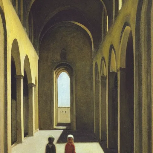 Image similar to in the distance, a little girl with short black hair and wearing a yellow coat alone in the inner courtyard of a cloister in an abbey, the light is bright and wintry, painting by hopper and de chirico