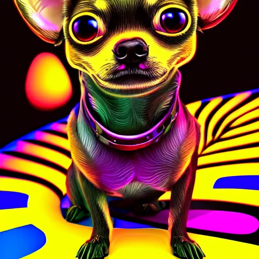 Prompt: a trippy chihuahua living in an extradimensional reality, in the style of wlop, illustration, epic, fantasy, hyper detailed, smooth, unreal engine, sharp focus, ray tracing, physically based rendering, renderman, beautiful