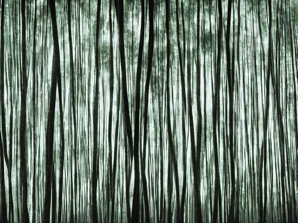 Prompt: double exposure photograph of tens of eucalyptus trees, strong back light, digital glitches, in the style of edward steichen and klee,