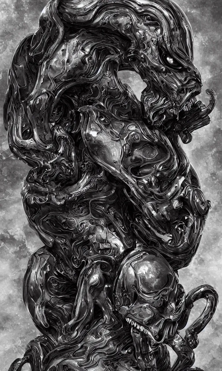 Image similar to engineer prometheus face by Artgerm, xenomorph alien, highly detailed, symmetrical long head, smooth marble surfaces, detailed ink illustration, raiden metal gear, cinematic smooth stone, deep aesthetic, concept art, post process, 4k, carved marble texture and silk cloth, latex skin, highly ornate intricate details, prometheus, evil, moody lighting, hr geiger, hayao miyazaki, indsutrial Steampunk