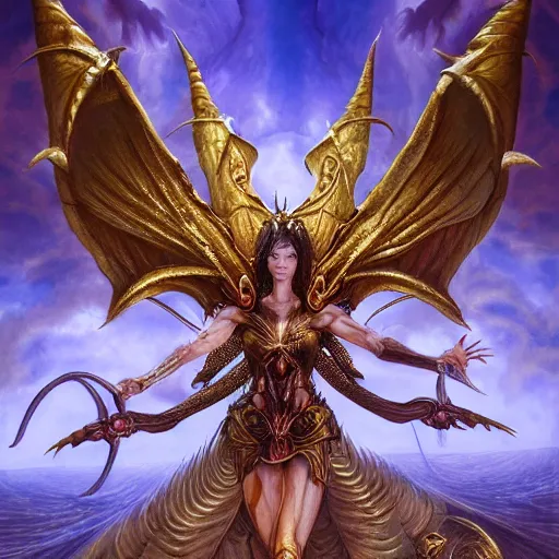 Prompt: a scary symmetrical muscular full body wearing a dragon armor with wings made of golden ornaments and gems, by alex gray and android jones , Karol Bak, Ayami Kojima, Amano , concept art, character design, fantasy,3D, 8k resolution