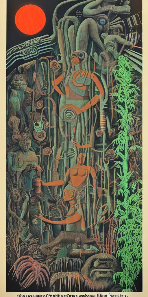 Prompt: 1968 science fiction movie poster, cut out collage, neon mayan, deep winter on Venus, epic theater, deep forest creatures, mountain plants, drawings in part by Diego Rivera, part by Ernst Haekl, text by William S Boroughs, written by Michael Ende
