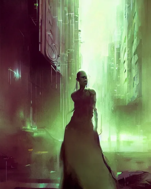 Image similar to gracious, regal majestic, pragmatic, charismatic character persephone from the matrix, face centered portrait, confident, ruined cityscape, sterile minimalistic room, architecture, fog, volumetric lighting, illustration, perfectly shaded, greenish tinge, cold lights soft painting, art by krenz cushart and wenjun lin