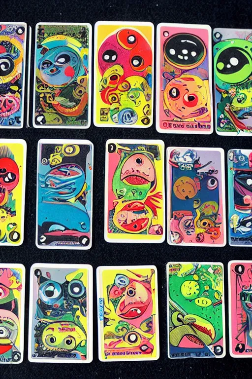 Prompt: collectible cards with colourful creepy umibozu monsters, 1980s