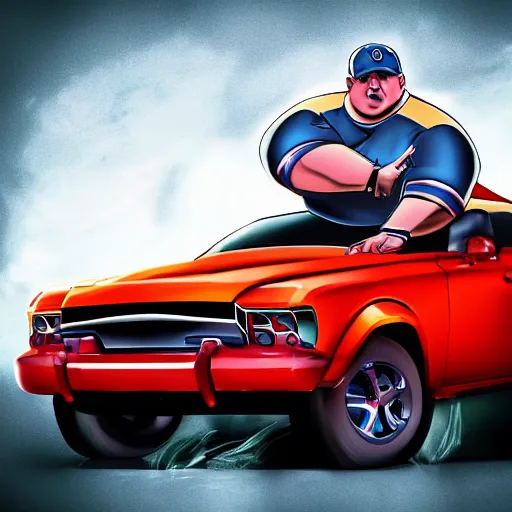 Prompt: really obese john cena driving a car. Ultra realistic digital art.