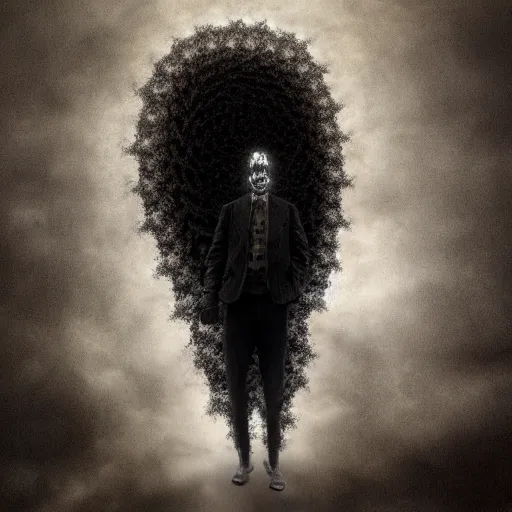 Image similar to dramatic matte portrait painting of man with black mandelbrot fractal instead of face, horror, body horror, dark art,