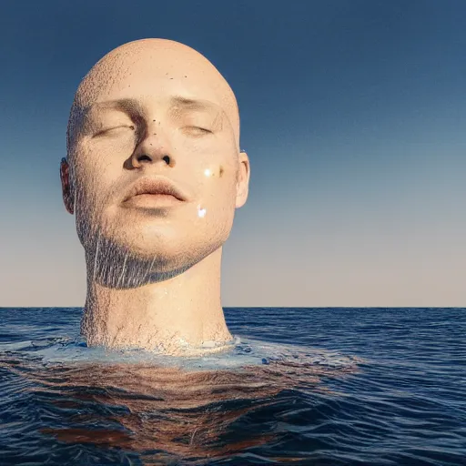 Image similar to a giant dripping water sculpture of a human head on the ocean water, cinematic, in the style of chad knight, long shot, hyper detailed, hyper realistic, ray tracing, 8 k resolution, sharp focus, realistic water, award winning