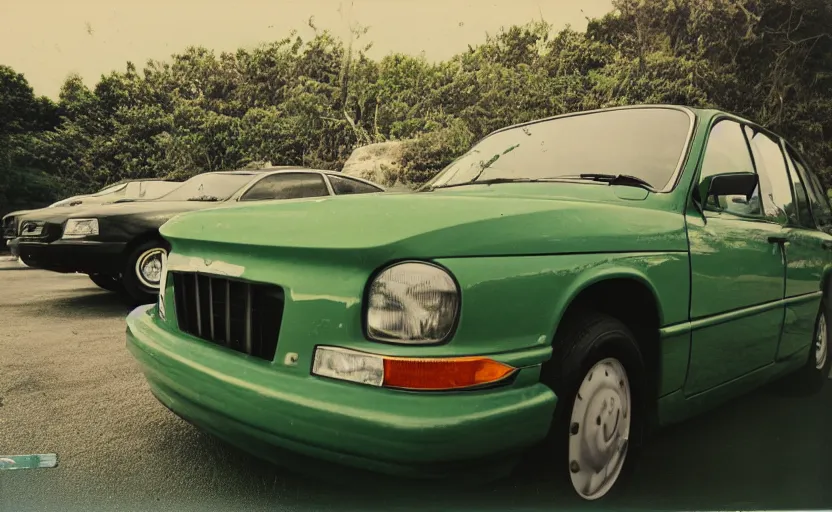 Prompt: vintage green tinted polaroid photograph of a 1995 volvo car parked in the parking lot of a beach