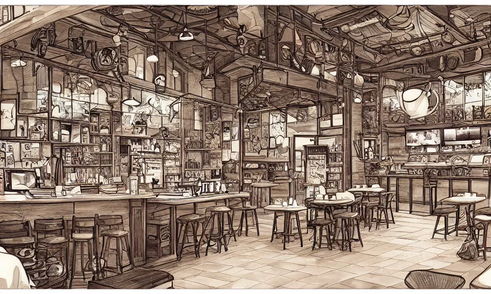 Prompt: interior of a coffee shop, anime style, cozy, drawing, highly detailed