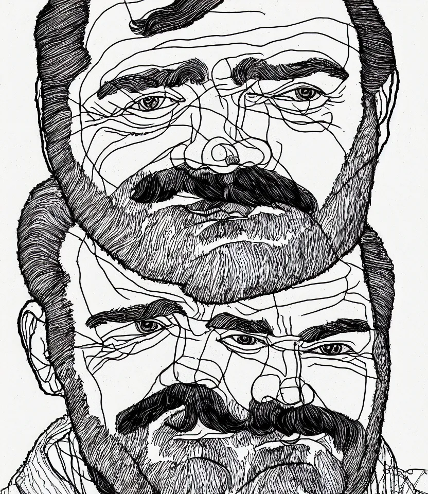 Prompt: detailed line art portrait of ernest hemingway, inspired by egon schiele. caricatural, minimalist, bold contour lines, musicality, soft twirls curls and curves, confident personality, raw emotion