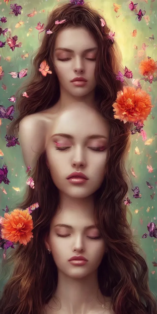 Prompt: beautiful, young woman, extremely detailed gorgeous face, sad eyes, long luxurious flowing gown, sexy body, fantasy background, tears, vaporwave aesthetic, synthwave, photo-realistic face, digital, flowers, butterflies, birds, painting, HD, artstation, concept art, smooth, sharp focus, illustration, art by artgerm and greg rutkowski and alphonse mucha