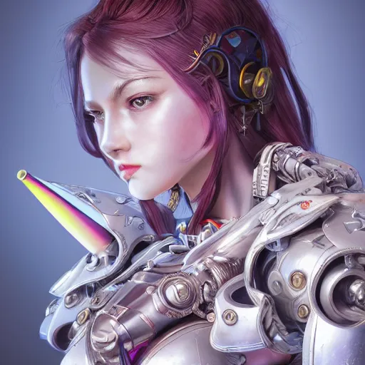 Image similar to studio portrait of lawful good colorful female holy mecha paladin absurdly beautiful, elegant, young sensual graceful woman, ultrafine hyperrealistic detailed face illustration by kim jung gi, irakli nadar, intricate linework, sharp focus, bright colors, matte, octopath traveler, final fantasy, unreal engine highly rendered, global illumination, radiant light, intricate environment