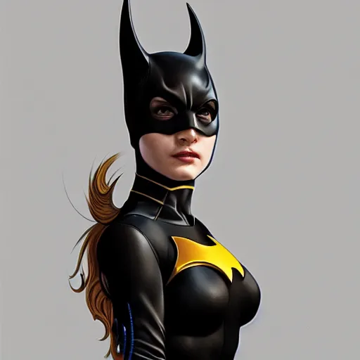 Image similar to full figure ultra realistic illustration, kaitlyn dever as batgirl, intricate, elegant, highly detailed, digital painting, artstation, concept art, smooth, sharp focus, illustration, art by artgerm and greg rutkowski and alphonse mucha