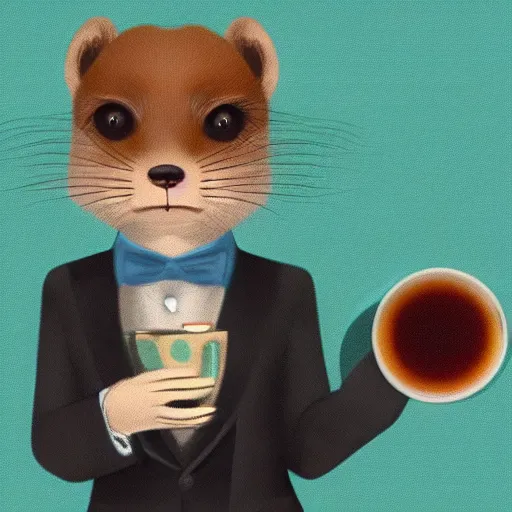 Image similar to a weasel in a suit was drinking tea, surrounded by tea houses ambient lighting, 4 k, russ mill, artstation