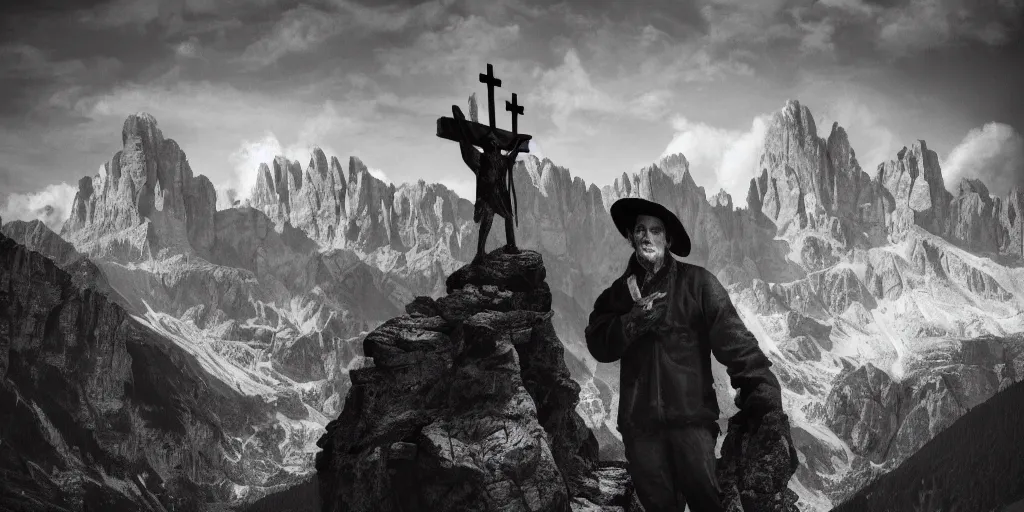 Image similar to alpine farmer holding up satans cross, dolomites in background, dark, eerie, despair, portrait photography, artstation, adward winning, artstation, highly detailed, sharp focus, by caravaggio