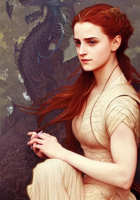 Image similar to sansa emma watson on dragon, intricate, elegant, highly detailed, digital painting, artstation, concept art, smooth, sharp focus, illustration, art by artgerm and greg rutkowski and alphonse mucha and william - adolphe bouguereau