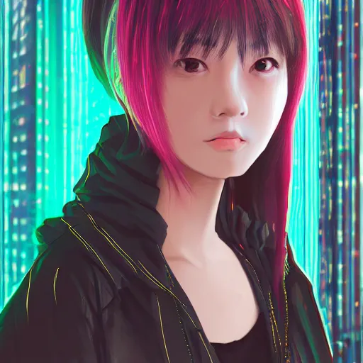 Prompt: A CyberPunk japanese girl shyly looking at camera, painted by Masakazu Katsura, trending on ArtStation, neon lights, bokeh
